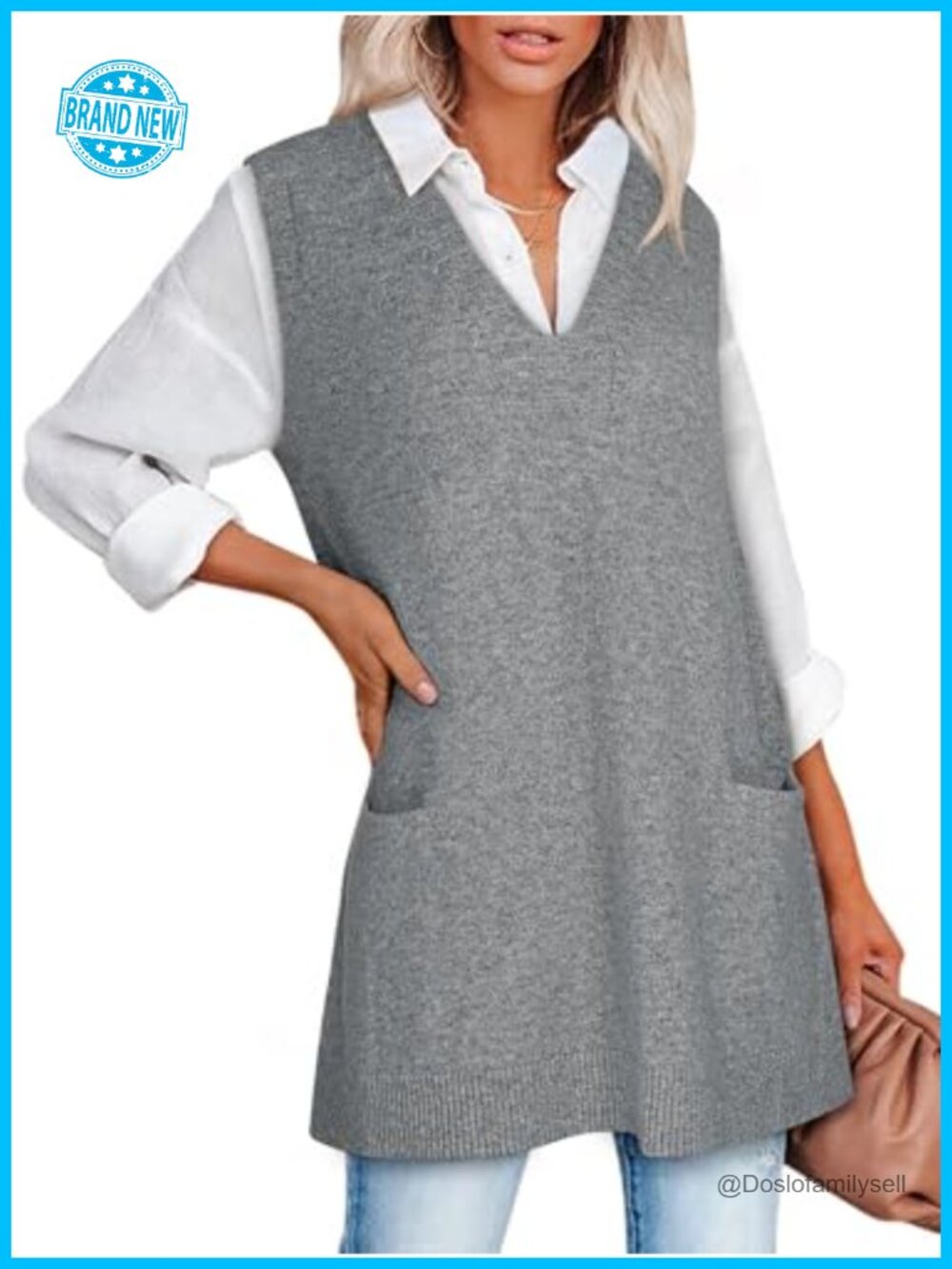 Womens Sweater Vest Sleeveless V Neck Oversized Long Tunic Dress